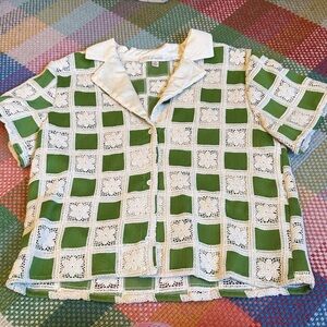 Women's Green and Cream Crochet Button Down Shirt